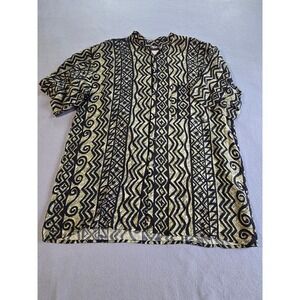 Impact Button Up Shirt Mens Medium Green Black Tribal Geometric Rayon Vintage